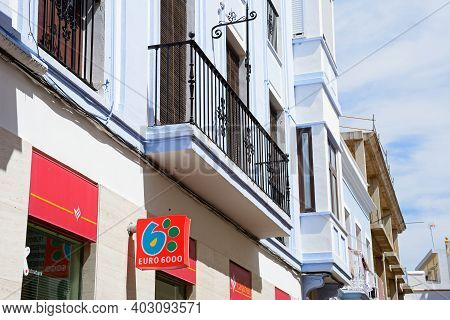 Ayamonte, Spain - June 11, 2017 - Businesses In Buildings Along The Calle Angustias, Ayamonte, Huelv