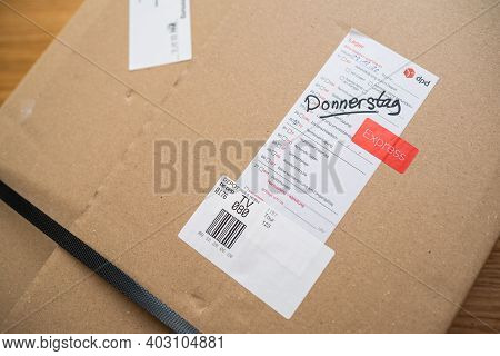 Paris, France - Dec 13, 2020: Review Of Dpd Parcel Delivery Special Instruction Sticker In German La