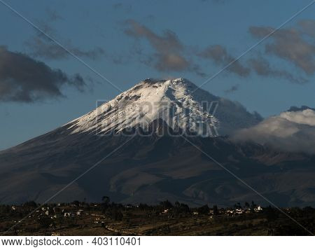 Panorama View Of Stratovolcano Cotopaxi White Snow Capped Volcanic Mountain Seen From Latacunga Ecua