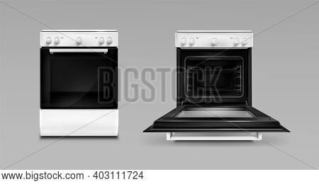 Oven, Electric Kitchen Appliances, Open Or Closed Stove Of White Color Front View. Household Technic