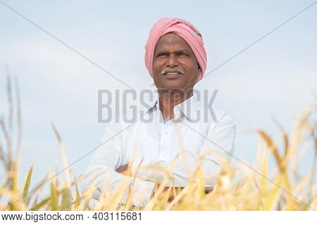 Portrait Of Confident Smiling Indian Farmer With Arms Crossed Standing In The Middlle Of Agriculture