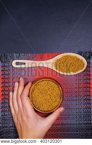 Fenugreek Seeds In Wooden Bowl, Culinary Ingredient, Shamballa Closeup