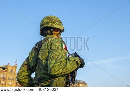 Mexico City - Jan. 17, 2020: Raising Flag Guard Of Honor Standing On Zocalo At Historic Center Of Me