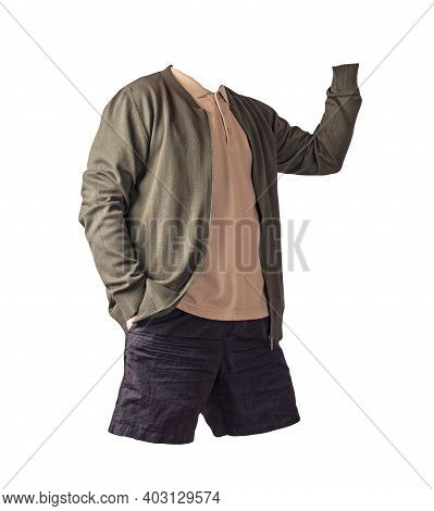 Men's  Dark Green Knitten Bomber Jacket,beige  Shirt And Black Sports Shorts Isolated On White Backg