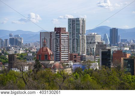 Modern Buildings On Avenue Paseo De La Reforma Aerial View In Mexico City Cdmx, Mexico.