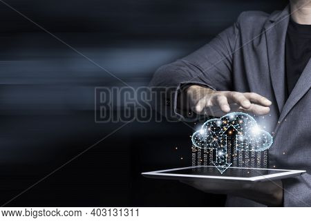 Cloud Computing Technology Transformation Concept, Businessman Touching On Virtual Cloud Computing O