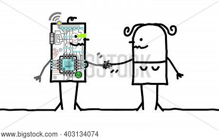 Cartoon Female Robot And Woman Meeting And Shaking Hands