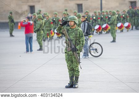 Mexico City - Jan. 18, 2020: Raising Flag Guard Of Honor Standing On Zocalo At Historic Center Of Me