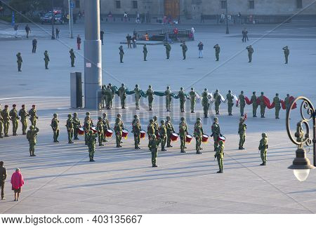 Mexico City - Jan. 14, 2020: Raising Flag Guard Of Honor Standing On Zocalo At Historic Center Of Me