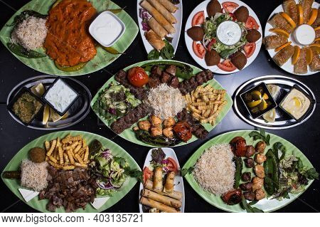 Combined Libaneses Food In Dishes. Top View.