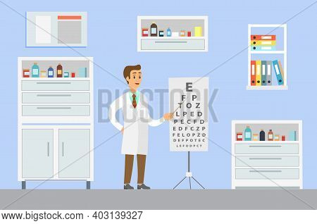 Optometrist Points To The Table For Testing Visual Acuity. A Doctor In A White Coat Is Conducting A 