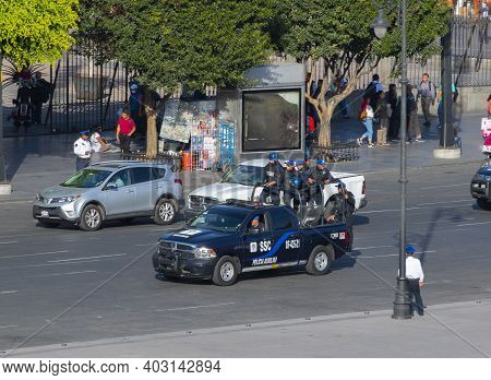 Mexico City - Jan. 14, 2020: Police Pickup Patrol In Zocalo Constitution Square In Historic Center O