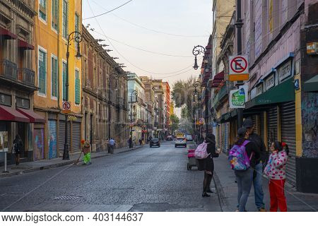 Mexico City - Jan. 15, 2020: Historic Buildings On Republica De Chile Street And Calle De Tacuba Str