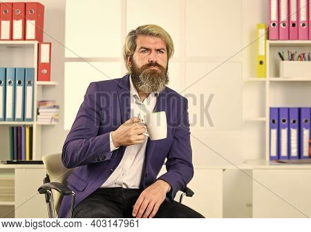 Businessman Drink Coffee. Serious Entrepreneur In Modern Office. Business Success. Good Morning. Suc