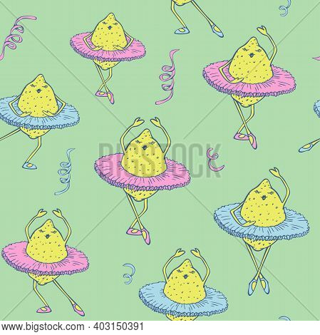 Vector Seamless Pattern Of Lemons Dancing In Ballet Tutu. Dancing Fruits Design.