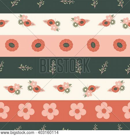 Vector Retro Vintage Floral Colored Rows. Surface Pattern Design