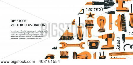 Diy Store Concept. Banner Template. Vector Illustration Of Tools For Home Renovation And Decor In A 