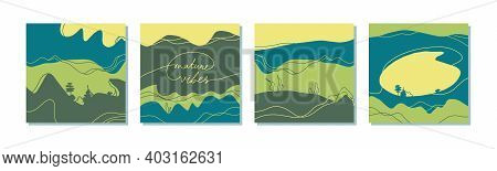 Green Vibes Hand Drawn Landscapes. Set Of Abstract Heels And Leaves In Flat Cartoon Promotional Desi