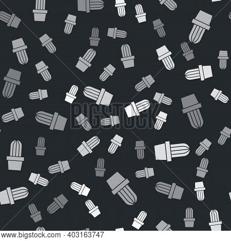 Grey Cactus And Succulent In Pot Icon Isolated Seamless Pattern On Black Background. Plant Growing I