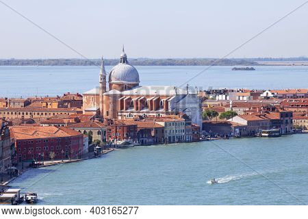 Venice, Italy - September 21, 2017: Aerial View On Giudecca Island And Ii Redentore Church. It Is An