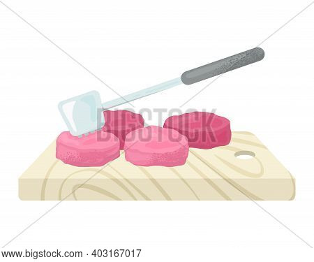 Wooden Kitchen Food Board With Organic Meat Stuff, Hammer For Beef, Organic Fresh Mince Slice Flat V