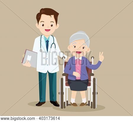 Elderly Sit On A Wheelchair With Doctor Take Care.disabled Person In The Wheelchair And Doctors. Car