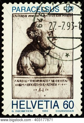 Moscow, Russia - January 12, 2021: Stamp Printed In Switzerland, Shows Paracelsus (1493-1541), Swiss