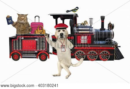 A Dog Railwayman Is Standing Next To A Train With A Cat. White Background. Isolated.