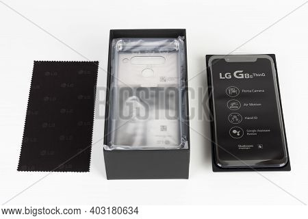 Brnenec, Czech Republic - January 20, 2020: Unboxing Of Touchscreen Smartphone  Lg G8s Thinq, Paper 