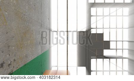 Interior Of Prison Room Inside With Shine Rays, Computer Generated. 3d Rendering Grunge Background.