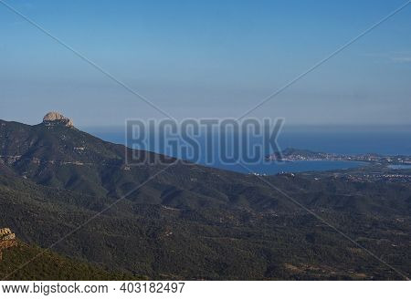 Aerial View Of Green Landscape Of Supramonte Mountains With Arbatax Village Penisula, Limestone Rock