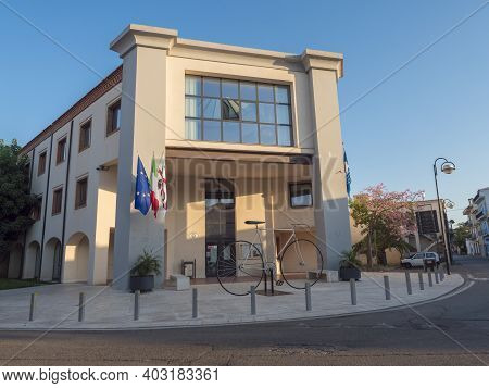 Tortoli, Sardinia, Italy, September 9, 2020: Frontal View Of Town Hall Building At Old Town Of Torto