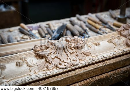 November 26, 2020 Lyon, Dijon, Burgundy, France: Detail Of The Work Of A Supplier Of Frames, Wood Sc