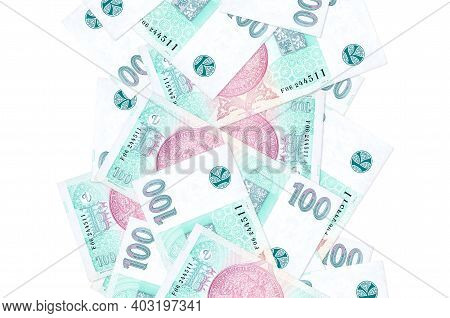 100 Czech Korun Bills Flying Down Isolated On White. Many Banknotes Falling With White Copy Space On
