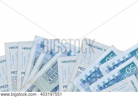 50 Croatian Kuna Bills Lies On Bottom Side Of Screen Isolated On White Background With Copy Space. B