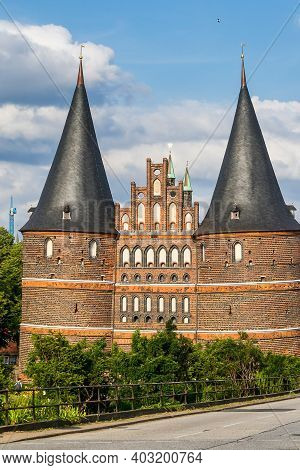 The Holsten Gate Holstentor In Luebeck, Germany. It Is The Most Significant Gate Of The Middle Ages 