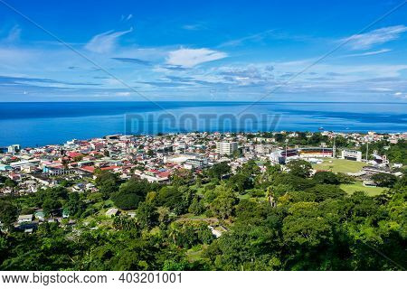 Scenic View Of Roseau Town And Sea, Dominica Island. Seen From The Small Mountain Morne Bruce. From 