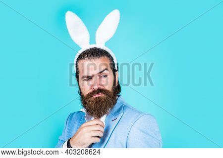 Happy Easter. Man Imagine He Is Rabbit. Male Wear Bunny Ears. Just Having Fun. Easter Holiday Greeti