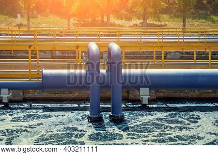 Aerated Activated Sludge Tank At Modern Wastewater Treatment Plant.