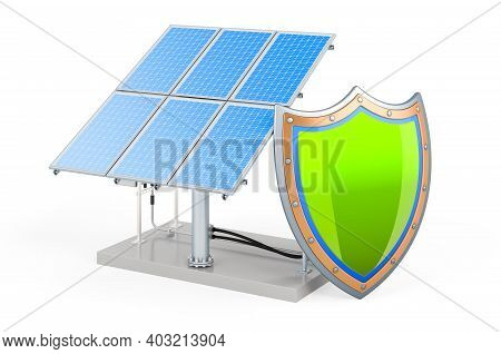 Solar Panel With Shield, 3d Rendering Isolated On White Background