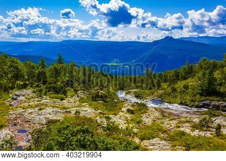 Amazing Norwegian Landscape With Beautiful River Waterfall In Vang Norway.