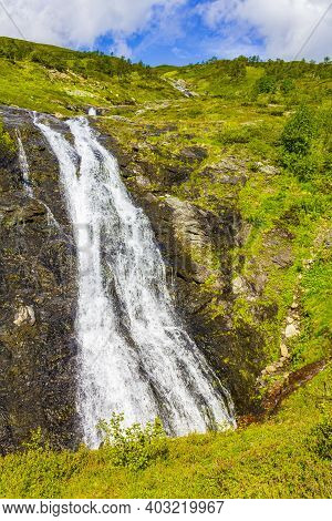 Amazing Norwegian Landscape With Beautiful River Waterfall In Vang Norway.