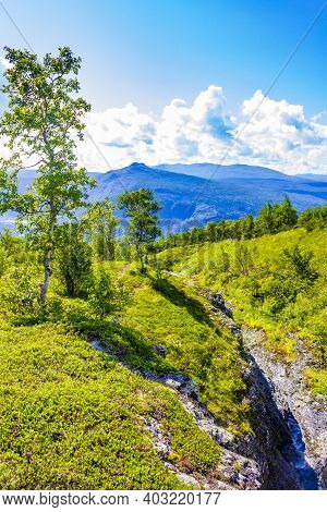 Amazing Norwegian Landscape With Beautiful River Waterfall In Vang Norway.