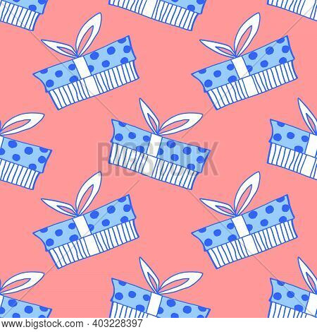 Vector Seamless Pattern With Outline Gift Box In Flat Doodle Style ...