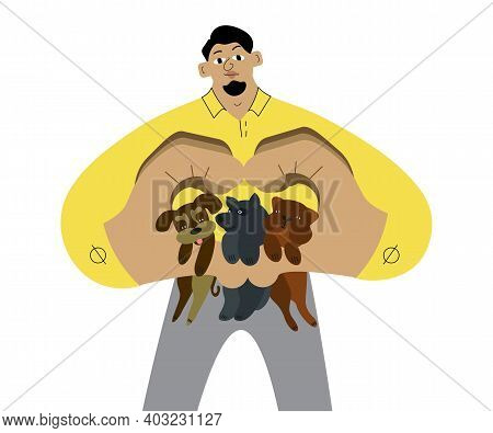 The Dogsitter Guy Holds A Husky Pug, A Mongrel, In His Hands In The Heart Symbol.