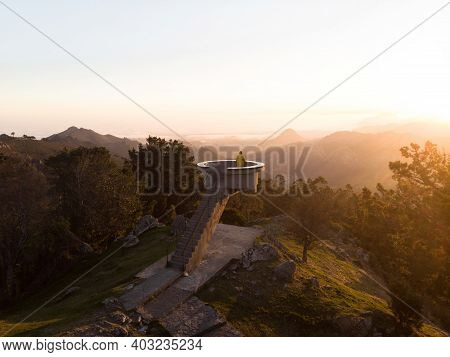 Sunrise Panorama Of Mirador El Fitu Del Fito Viewpoint Stairs Caravia Baja Picos De Europa Mountains
