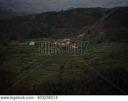 Aerial Panorama Of Green Agriculture Farming Terraces Old Remote Rural Mountain Village In Arcos De 