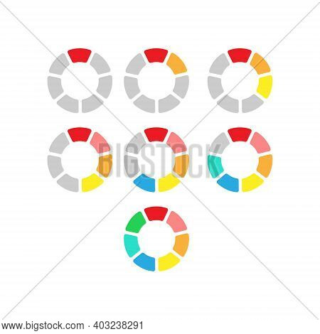 Set Of Colored Pie Charts For The User Interface. A Circular Graph With Steps, Sections, Or Stages. 