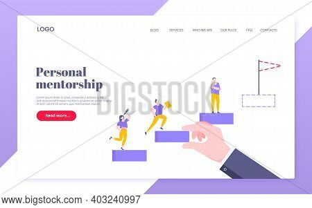 Business Mentor Helps To Improve Career And Holding Stairs Steps Vector Illustration. Mentorship, Up