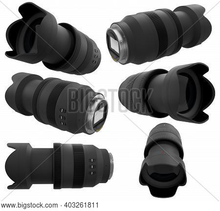 Modern Nonexistent Dslr Camera Lens On White Background. 3d Rendering And Illustration Of Profession